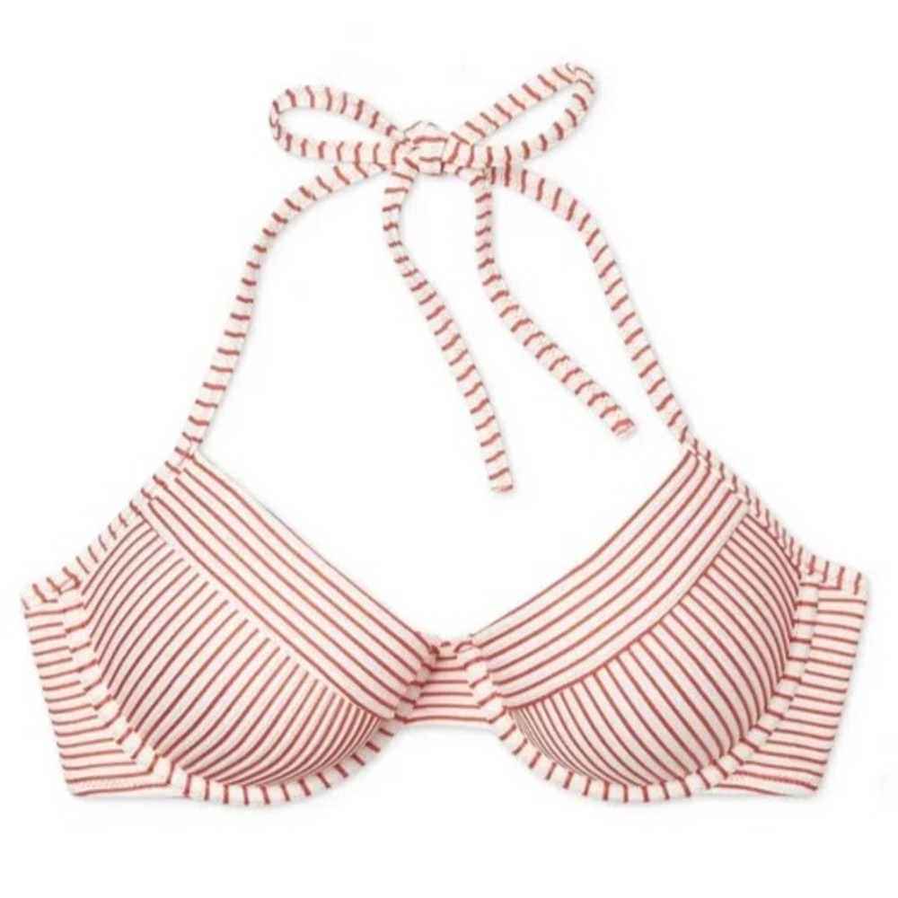 Shade & Shore Cabana Coral Red White Stripes Bikini Bra Swim Top Swimsuit 34 B‎